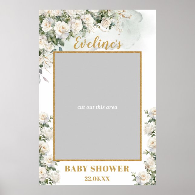 Poster Roses blanches romantiques or baby shower photo ac (Devant)