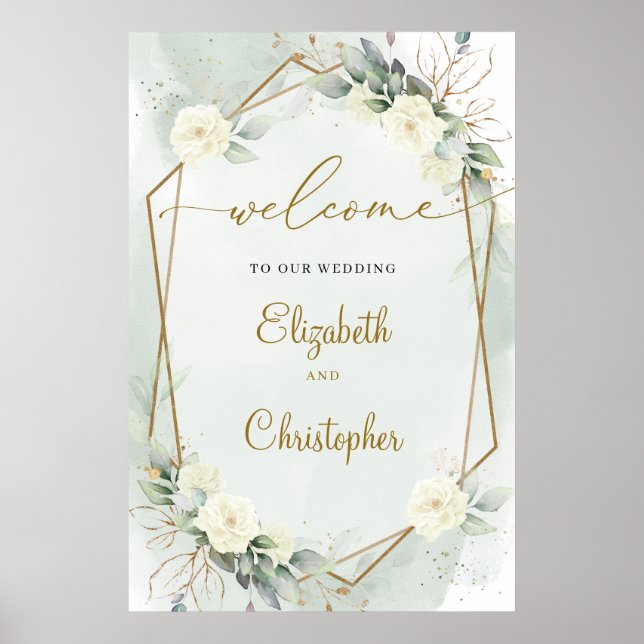 Poster Roses blanches Vert Eucalyptus Or Géométrique (Devant)