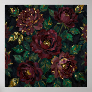 Poster Roses Bourguignonnes de Luxe Fleurs Feuille d'Or