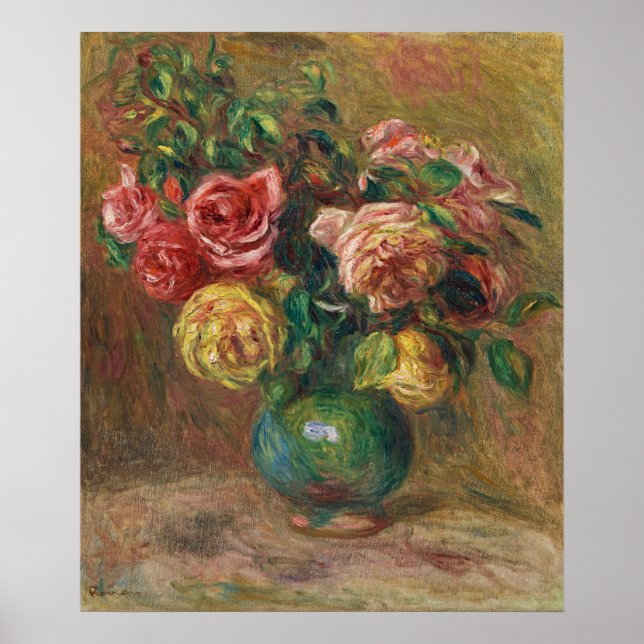Poster Roses dans un vase vert par Pierre-Auguste Renoir (Devant)