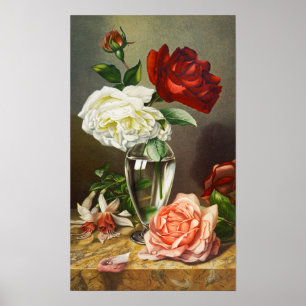 Poster Roses de jardin anciennes dans un vase en verre