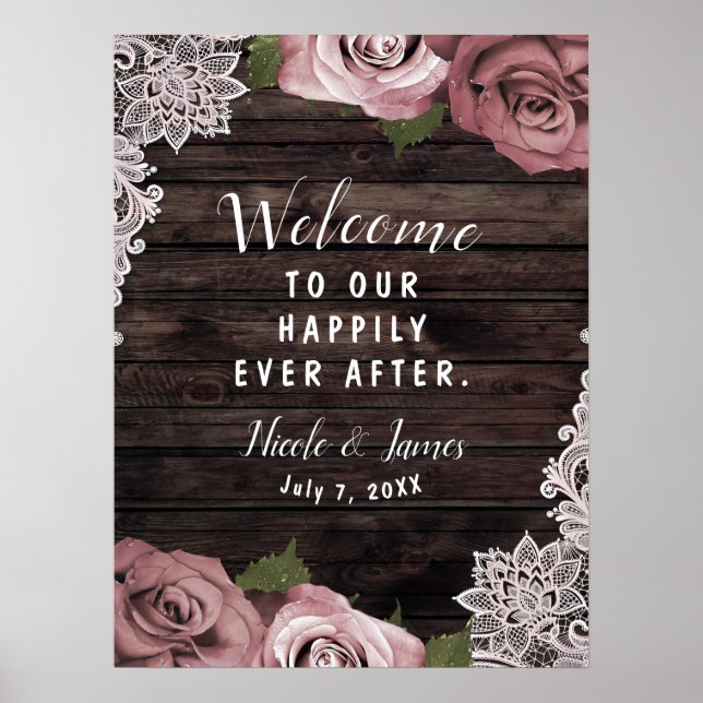 Poster Roses florales Mauve poussiéreux Rustique Bois Den (Devant)