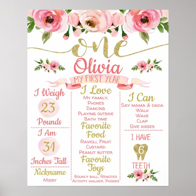 Poster Roses floraux d'or rose 1er anniversaire Jalon (Devant)