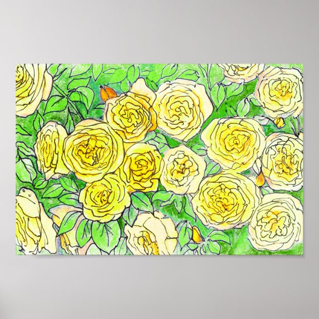 Poster Roses Jaunes, Vert Feuille Rose Jardin Floral Art (Devant)