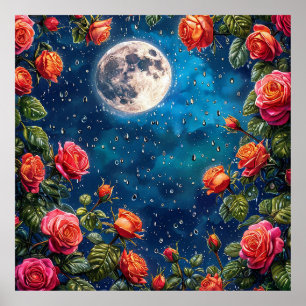 Poster Roses luxuriantes encadrant une pleine lune dans u