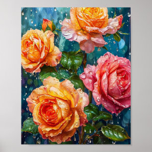 Poster Roses orange brillantes avec gouttes de rosée