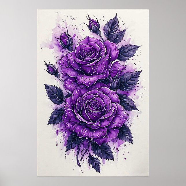 Poster Roses pourpres avec gouttelettes d'eau (Devant)
