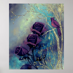 Poster Roses pourpres avec oiseau sur arbre argenté