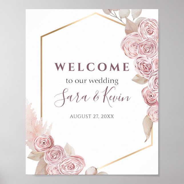 Poster Roses rose bohème et Mariage d'or Bienvenue (Devant)