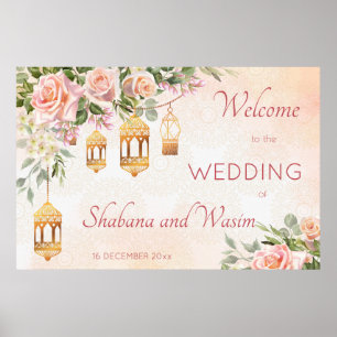 Poster Roses rose crème pastel lanternes arabes bienvenue