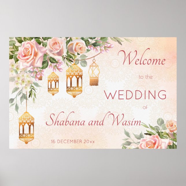 Poster Roses rose crème pastel lanternes arabes bienvenue (Devant)