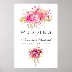 Poster Roses rose et or Aquarelle Mariage Bienvenue