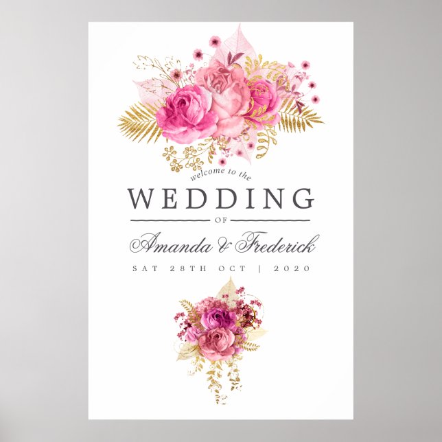 Poster Roses rose et or Aquarelle Mariage Bienvenue (Devant)