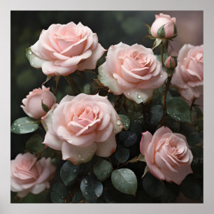 Poster Roses rose pastel avec Feuilles vert foncé