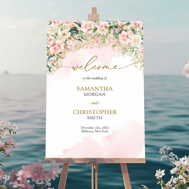 Poster Roses rose pastel et or doux Mariage Bienvenue (Elegant soft pink roses greenery and gold wedding welcome sign)