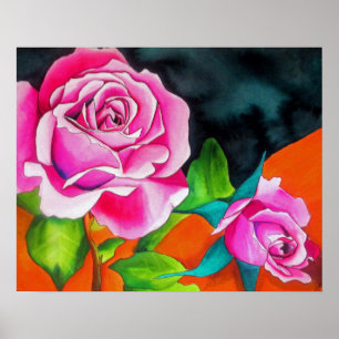 Poster Roses roses avec l'aquarelle contemporaine orange