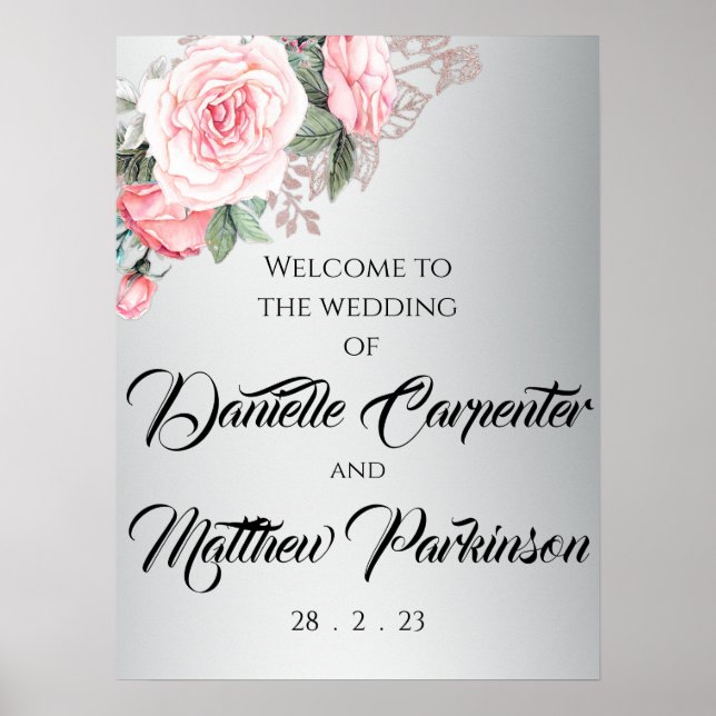 Poster Roses roses et Mariage d'argent métallique Bienven (Devant)