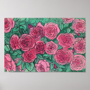 Poster Roses roses, Fleurs Roses Jardin Art Floral Croqui