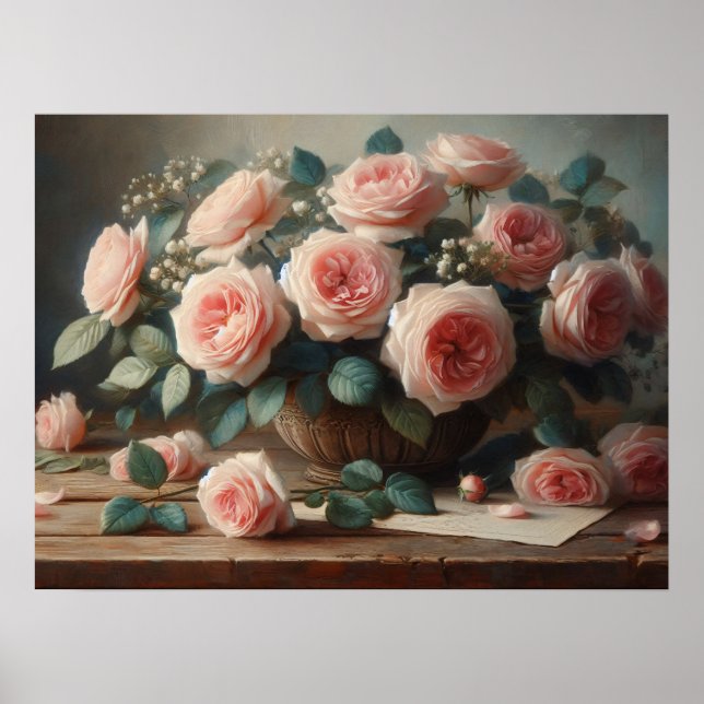 Poster Roses roses romantiques Peinture à l'huile florale (Devant)