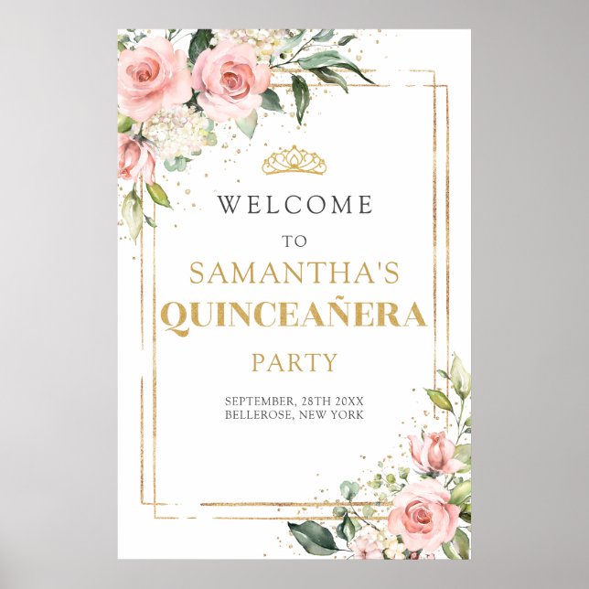 Poster Roses roses roses blanches or parties scintillant  (Devant)