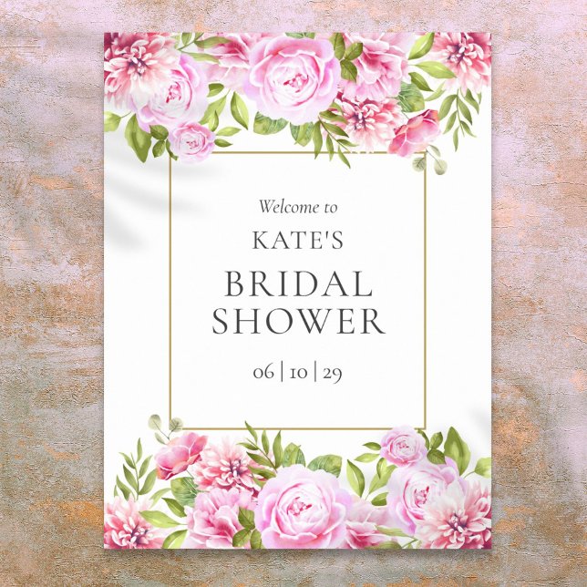 Poster Roses roses roses Fêtes des mariées florales Affic (Pink Roses Floral Bridal Shower Welcome Sign)