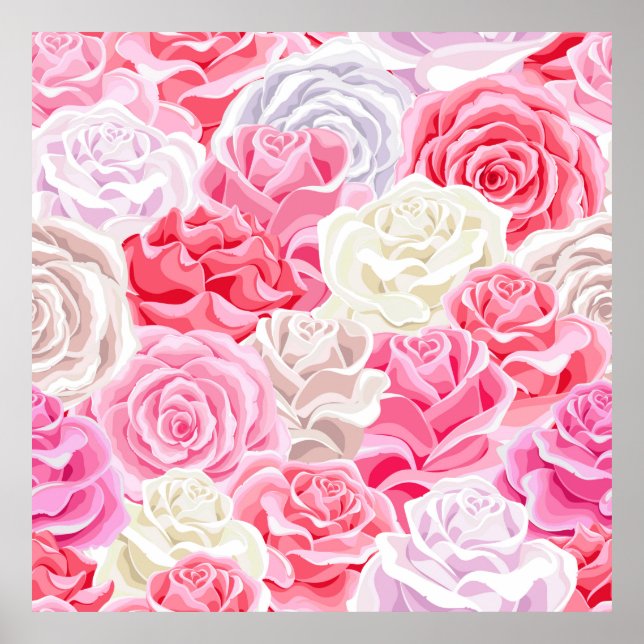 Poster roses roses roses rose et blanc sans couture motif (Devant)
