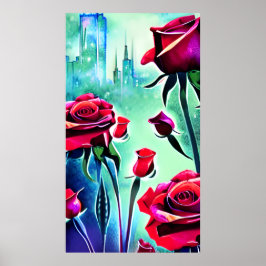 Poster Roses rouges avec paysage moderne