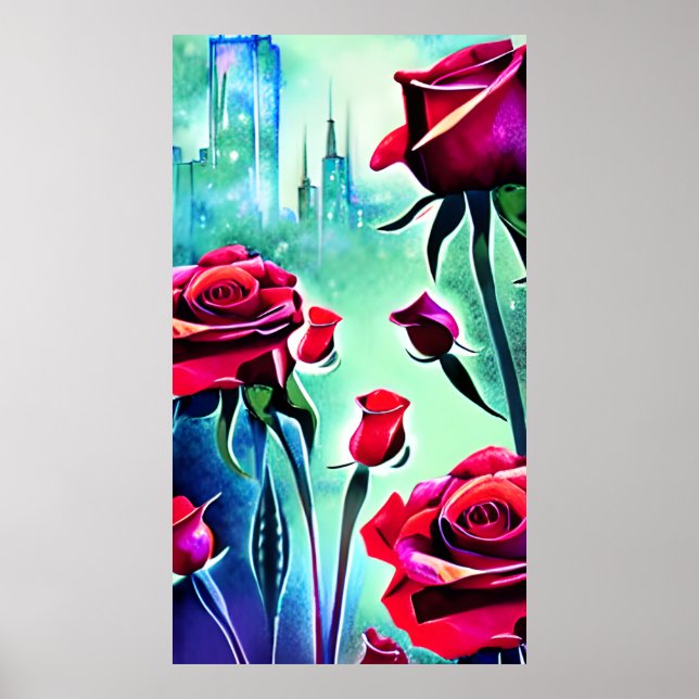 Poster Roses rouges avec paysage moderne (Devant)