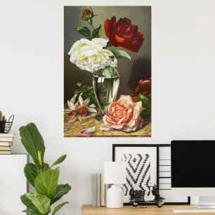 Poster Roses rouges, blanches et roses vintage dans un va