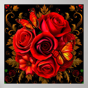 Poster Roses rouges élégantes aux papillons