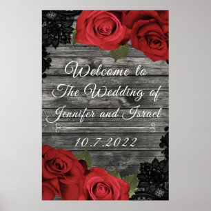 Poster Roses Rouges Panneau de Mariage Rustique à Dentell
