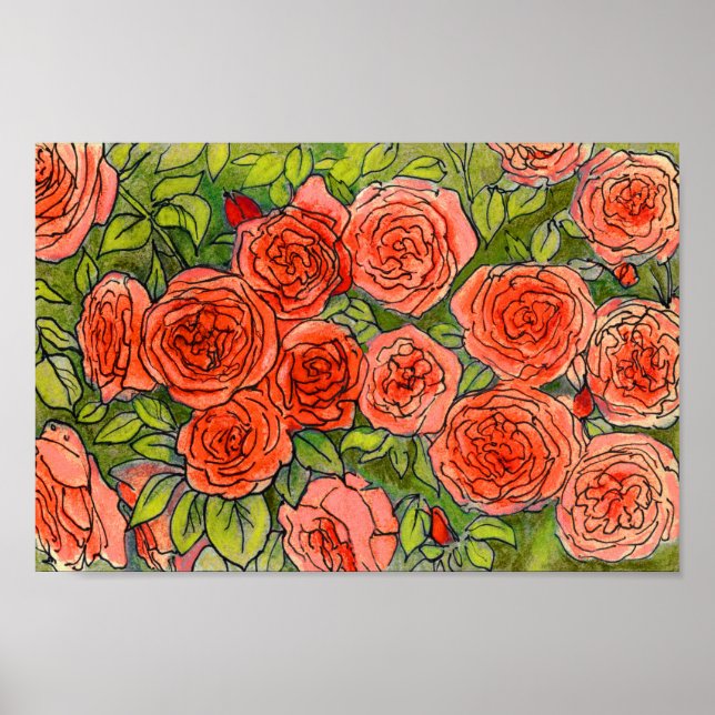 Poster Roses rouges, Vert Feuille Rose Jardin Fleur d'été (Devant)