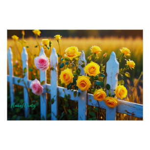 Poster Roses sur une clôture blanche