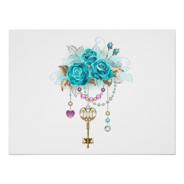 Poster Roses turquoise avec touches (Devant)