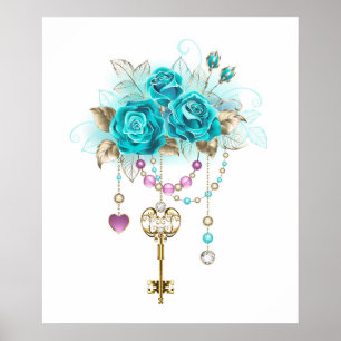 Poster Roses turquoise avec touches