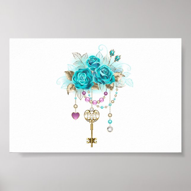 Poster Roses turquoise avec touches (Devant)