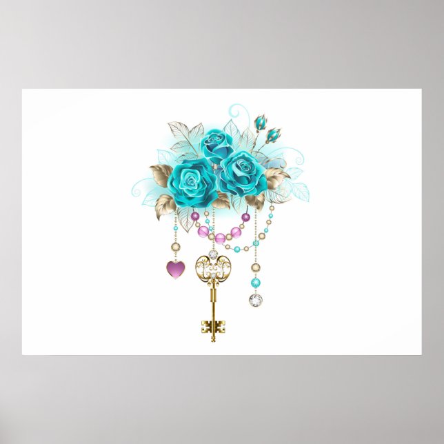 Poster Roses turquoise avec touches (Devant)
