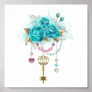 Poster Roses turquoise avec touches