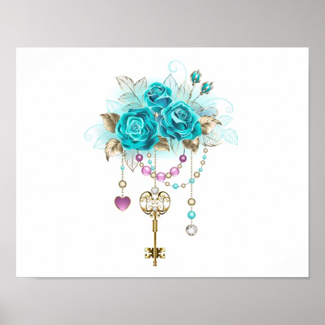 Poster Roses turquoise avec touches (Devant)