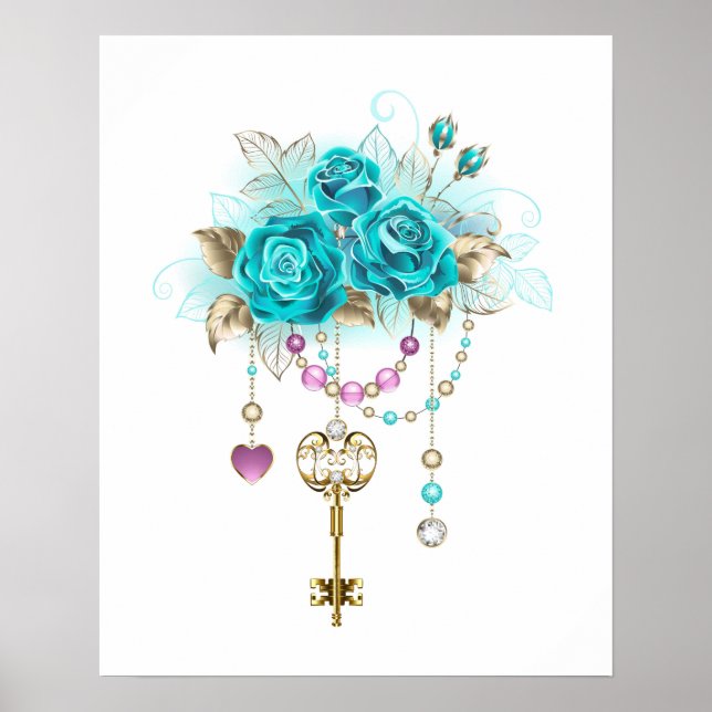 Poster Roses turquoise avec touches (Devant)