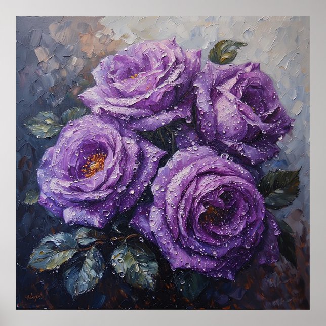 Poster Roses violets vibreux avec peinture à l'huile de c (Devant)