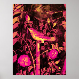 Poster ROSSIGNOL AVEC ROSES, Fuchsia Rose Noir Jaune