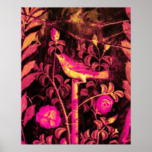 Poster ROSSIGNOL AVEC ROSES, Rose Fuchsia Noir Jaune
