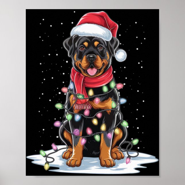 Poster Rottweiler Dog Santa Hat Christmas Tree Light Xmas (Devant)