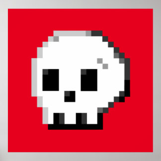 Poster rouge 8 bits en pixel art crâne
