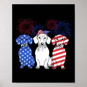 Poster Rouge Blanc Bleu Dachshund Chien Usa Drapeau Feu d
