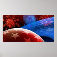Poster Rouge Blanc Bleu Étoiles et feux d'artifice