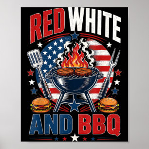Poster Rouge Blanc Et BBQ 4 Juillet BBQ Patriotique USA