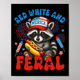 Poster Rouge Blanc Et Feral Funky Raccoon Usa 4 juillet