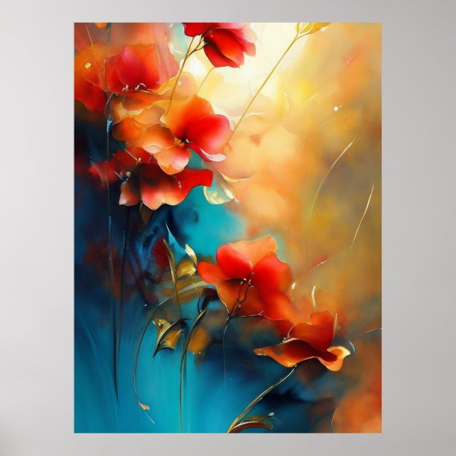 Poster Rouge Bleu Blanc Turquoise Fleurs de crème Belle (Devant)